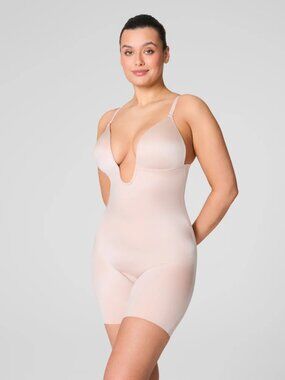 Spanx Plunge Low-Back Mid-Thigh Bodysuit Champagne Beige
